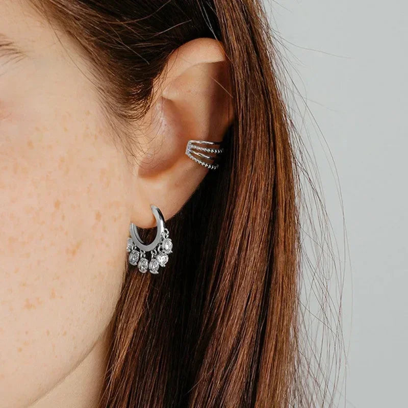 Boucles d'oreilles créoles tendance en argent sterling 925 avec aiguille d'oreille en cristal blanc de luxe pour femme, cadeau de bijoux de mariage
