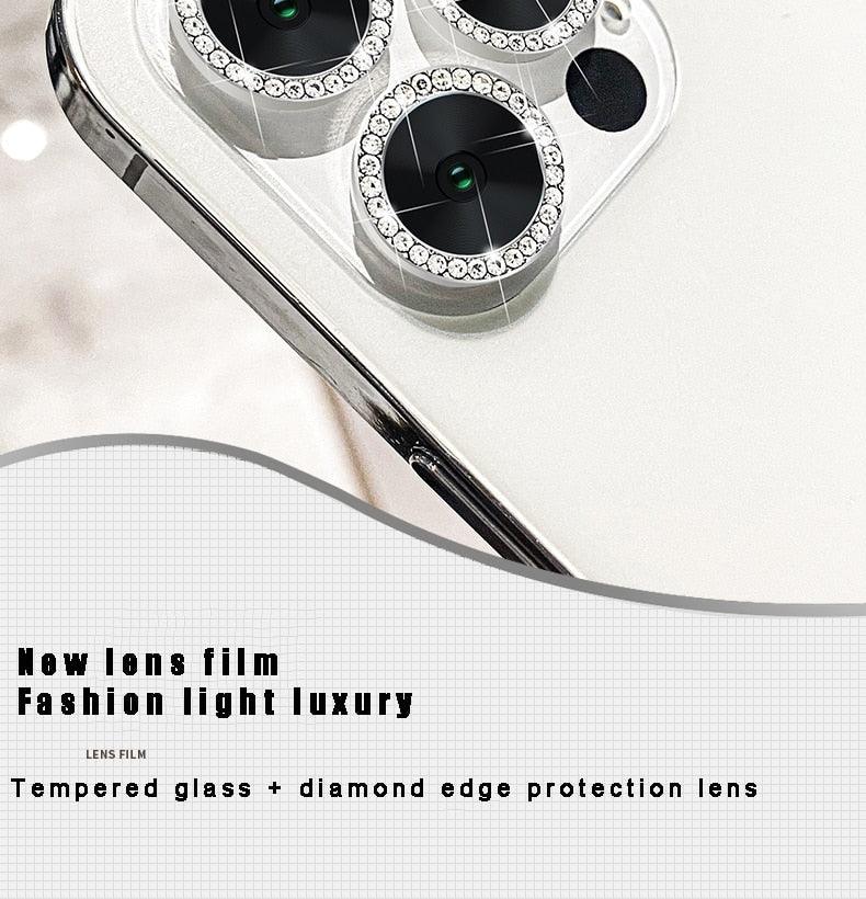 Verre trempé avec anneau métallique, strass et paillettes pour appareil photo iPhone 11 12 13 14 Pro Max Mini Plus, protection d'objectif à couverture complète 9H, protection d'objectif en verre trempé avec anneau métallique unique à couverture complète