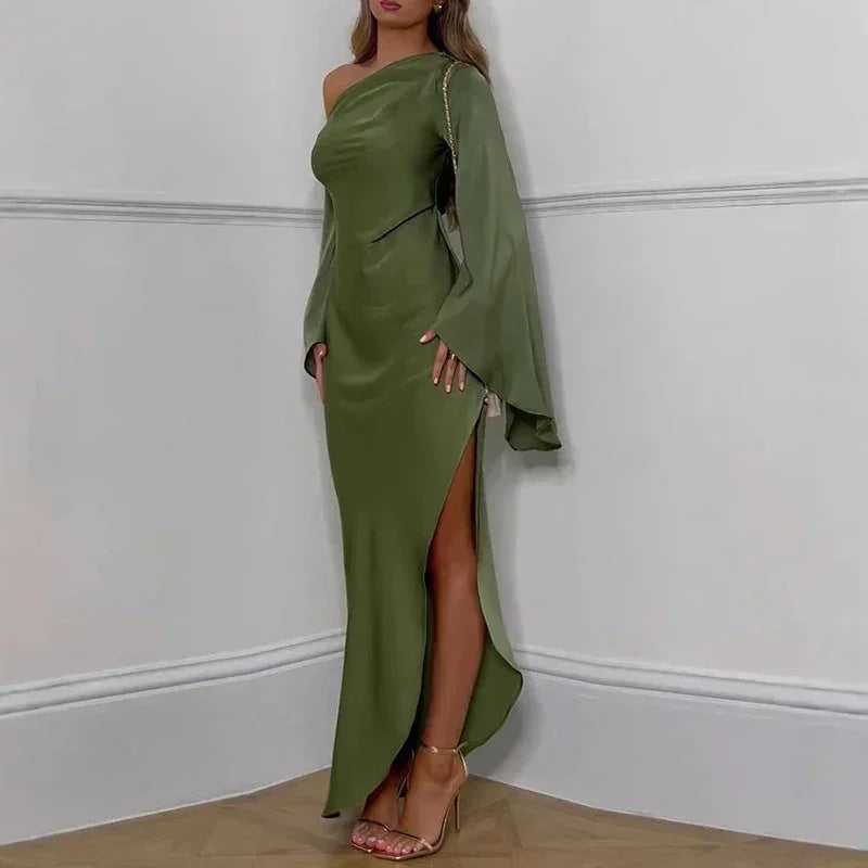 Robe sexy irrégulière unie à épaule oblique pour femme, robe longue élégante à col asymétrique sans dos, robes de soirée d'automne à manches évasées fendues