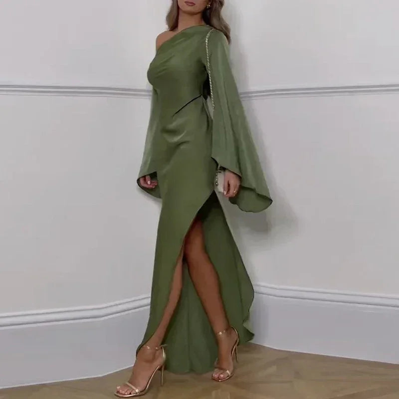 Robe sexy irrégulière unie à épaule oblique pour femme, robe longue élégante à col asymétrique sans dos, robes de soirée d'automne à manches évasées fendues