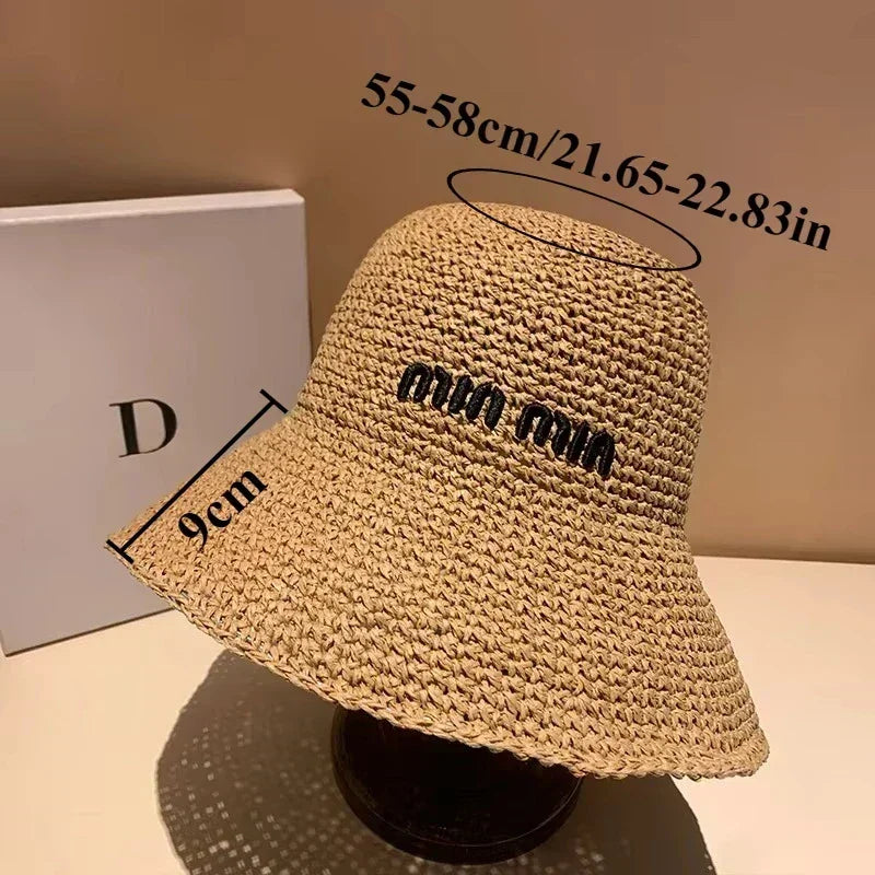 Chapeau de soleil en paille pour femmes 2025, grand bord large, pliable, pour la plage, style créateur, seau coréen pour l'extérieur