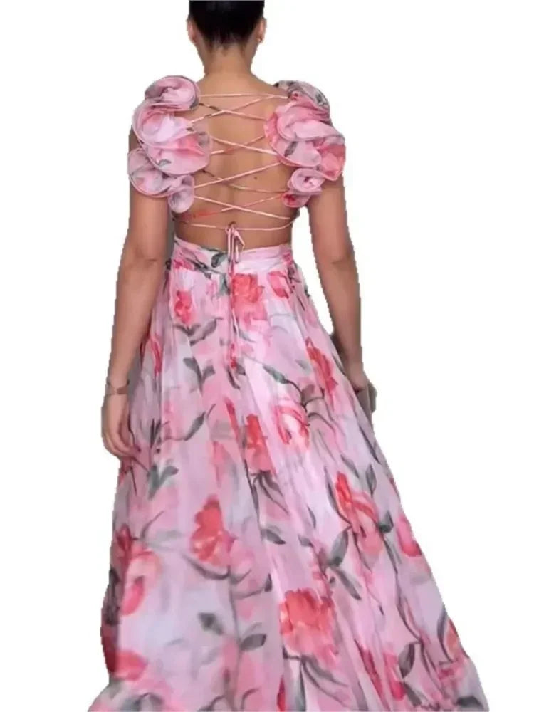 Robe longue en mousseline de soie imprimée sexy 2025, mode estivale, élégante, col en V, volants, coupe ajustée, sans manches, dos nu, robes de soirée pour les vacances