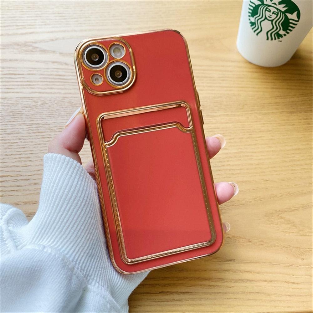 Étui de luxe plaqué en silicone avec porte-cartes pour iPhone 14 12 13 Pro Max Élégant pour femme Étui portefeuille souple antichoc Bords souples Magnifique étui pour smartphone brillant pour femme