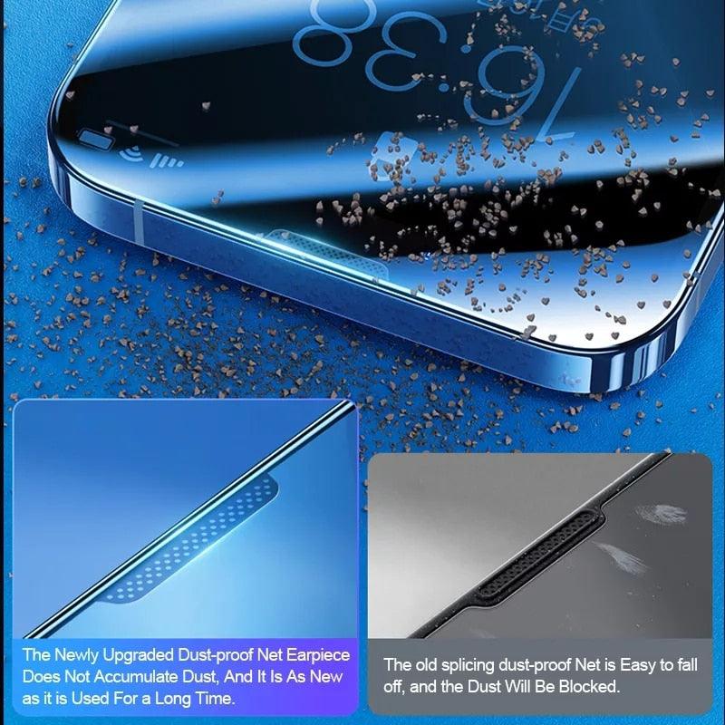 Lot de 2 verres trempés en alliage anti-poussière pour iPhone 14, 13, 12, 11 Pro, XS MAX, XR, protecteur d'écran pour iPhone 13 Mini, 14 Plus, verre de protection bord à bord, entièrement adhésif pour iPhone