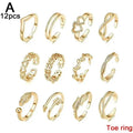 12 Bagues d'orteil ajustables pour femmes et filles, ensemble simple pour la plage, ouvert, bijoux mignons cœur, plume, été, pieds