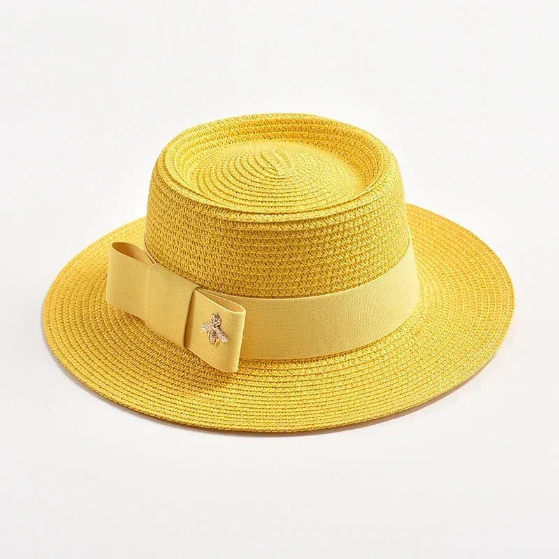 NOUVEAUX Chapeaux de paille Printemps Été pour femmes Surface ronde bosselée Dessus plat Nœud Papillon Robe Casquette Voyage Plage Soleil Chapeau Gorra
