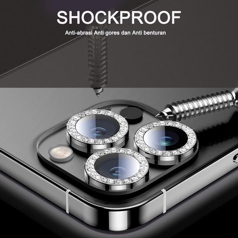 Verre trempé avec anneau métallique, strass et paillettes pour appareil photo iPhone 11 12 13 14 Pro Max Mini Plus, protection d'objectif à couverture complète 9H, protection d'objectif en verre trempé avec anneau métallique unique à couverture complète