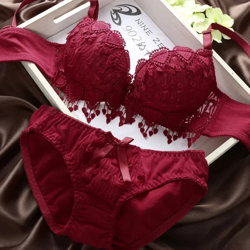 Women Lace Bra Sets Flower Printed Underwear Suit Sexy Lady Ultra-Thin Lingerie Comfortable Push Up Brassiere Outfit