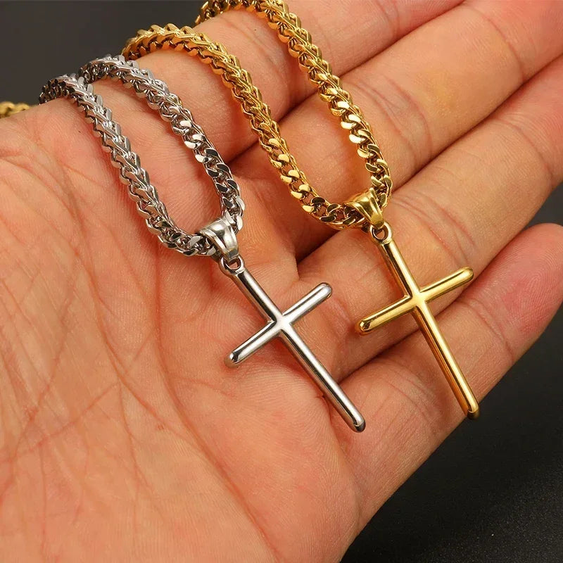 Chaîne à maillons avec pendentif croix punk pour hommes et femmes, en acier inoxydable 316L, collier hip-hop, bijoux de mode or et argent, cadeau étanche