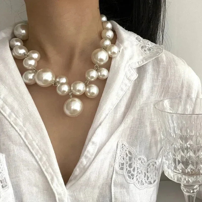 Collier élégant femme perles d'imitation, grand collier ras du cou perles, bijoux de fête, mariage, mariée, cadeaux pour filles