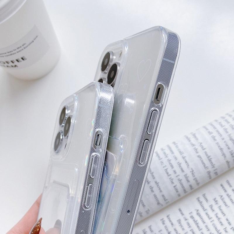 Coques de téléphone transparentes avec motif cœur mignon pour iPhone 13 14 Pro Max Simple Luxueux Amour Dégradé Silicone Étui Portefeuille Porte-Cartes Housse de protection antichoc
