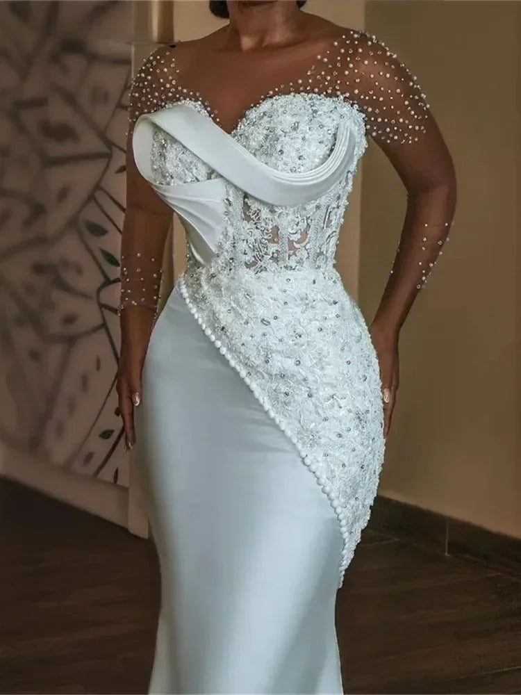 Robe de mariée africaine sirène ornée de perles de luxe, encolure dégagée transparente, manches longues, robes de fiançailles Aso Ebi, corset, vestido de novia