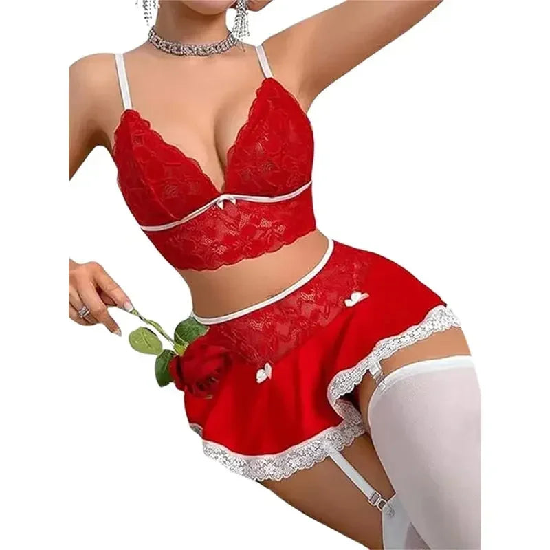 Lingerie Tentation Cosplay Uniforme Soutien-gorge et culotte transparents Porte-jarretelles Ensemble de sous-vêtements Robe Tenue sexy Costumes Nuisettes String