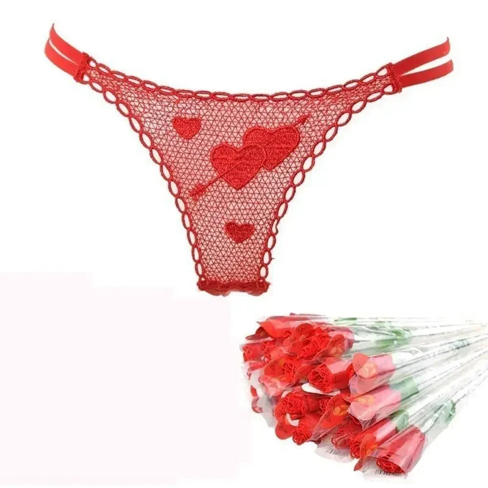 Saint-Valentin Créatif Bikini Sexy Femme Dentelle Sous-vêtements Rose String Culotte String Ficelle V-string