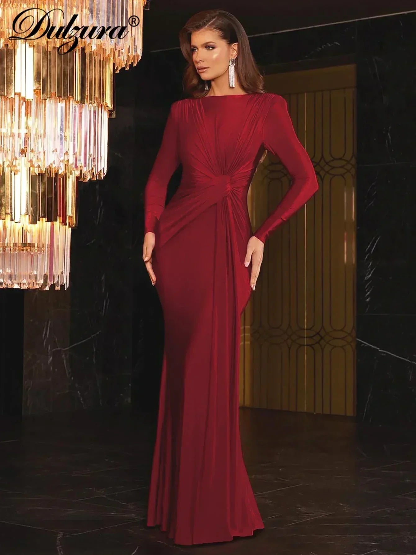 Robe longue Dulzura à manches longues et épaulettes, froncée, unie, élégante, pour bal de promo ou soirée, tenue d'automne et d'hiver pour femme