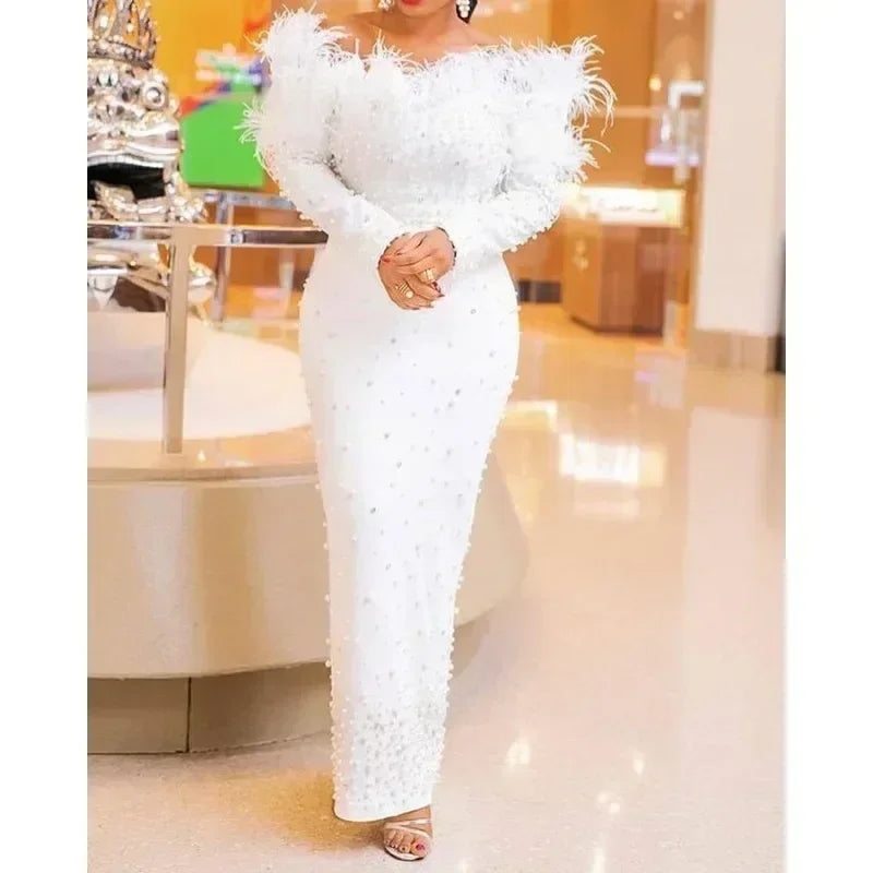 Robe Fourreau Sexy Perlée Femme Robe Midi Moulante Sexy Col Bateau Uni Taille Haute Tendance Robes de Soirée Fourreau Épaules Dénudées