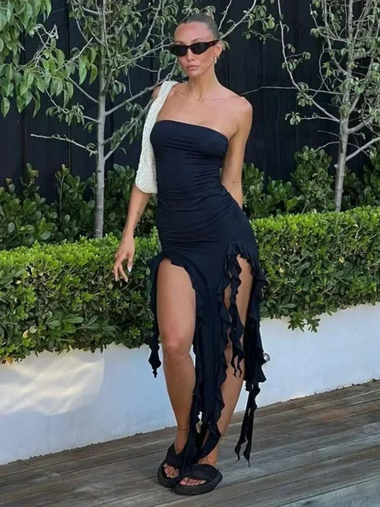 BWQ Robes longues pour femmes, fendues, sexy, moulantes, sans manches, robe méduse, mode pour filles chaudes, robe longue femme épaules dénudées