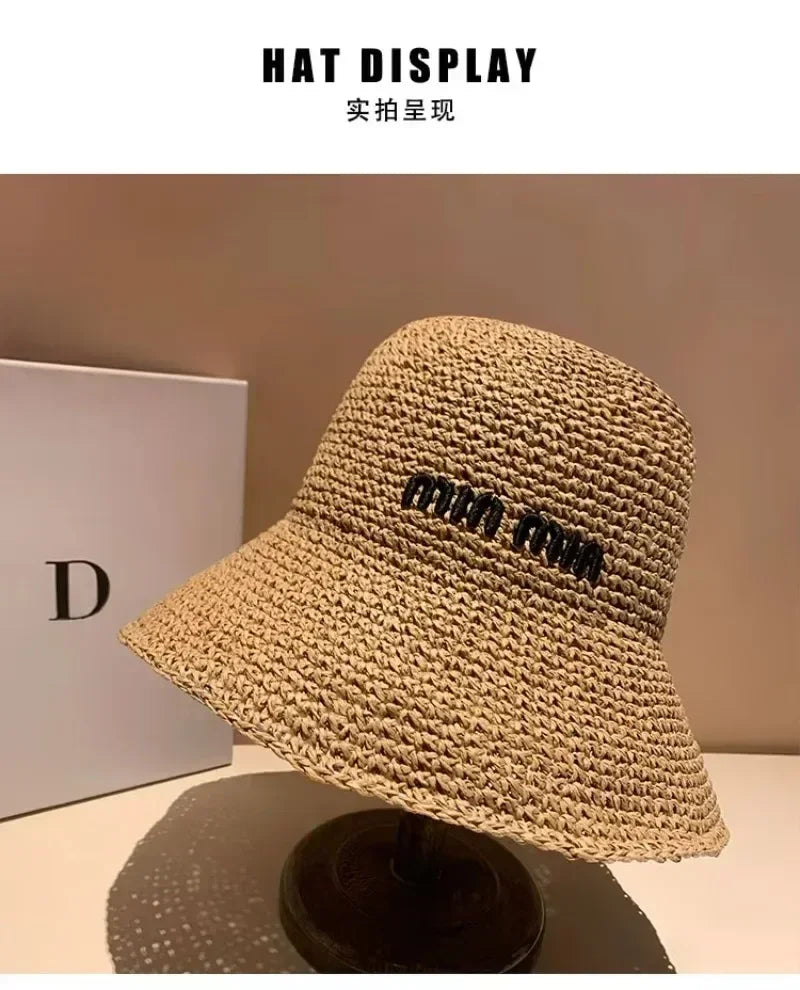 Chapeau de soleil en paille pour femmes 2025, grand bord large, pliable, pour la plage, style créateur, seau coréen pour l'extérieur