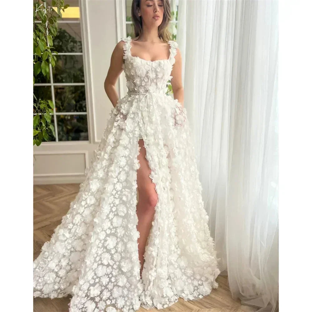 Robe de mariée Kyoto Beige | Robe à lacets en dentelle florale 3D -femstylo