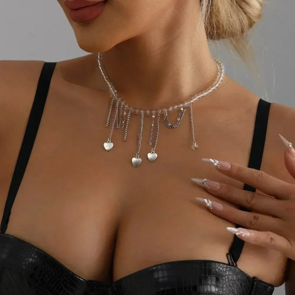 Collier Cœur Perlé Tendance pour Femmes Style Bohème Élégant Chaîne en Cristal Irrégulier Ras du Cou Y2K Exquis Cadeau de Fête Bijoux Accessoires