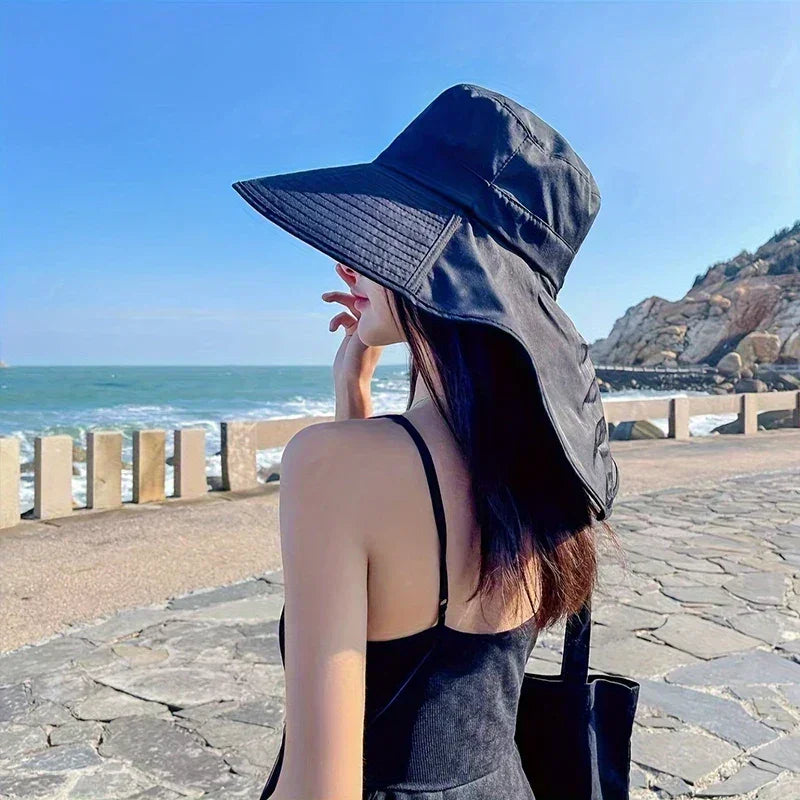 Nouveau chapeau de soleil queue de cheval avec grand bord visière protection cou femme chapeau de pêcheur chapeau d'extérieur