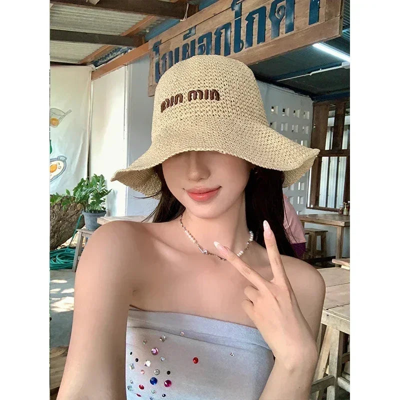 Chapeau de soleil en paille pour femmes 2025, grand bord large, pliable, pour la plage, style créateur, seau coréen pour l'extérieur