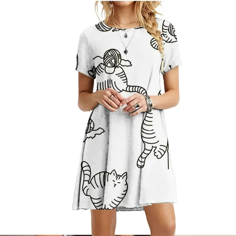 Robe imprimée chats peints, manches courtes, style kawaii pour femme, collection été 2022, col rond, décontractée, ample
