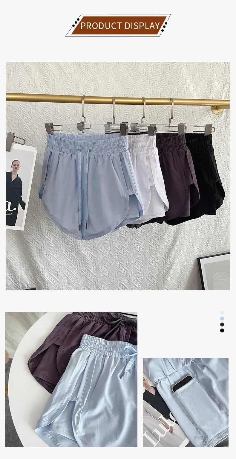 Short de Sport Femme Yoga Taille Haute Double Couche Séchage Rapide Respirant Athlétique Short d'Extérieur Loisirs Course Fitness