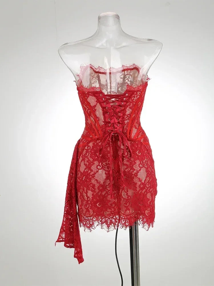TARUXY Robe Corset Sexy en Dentelle Transparente et Patchwork, Robe Moulante Élégante de Soirée, Mini Robe Irrégulière pour Femme, Robe Bustier Nouvelle Collection