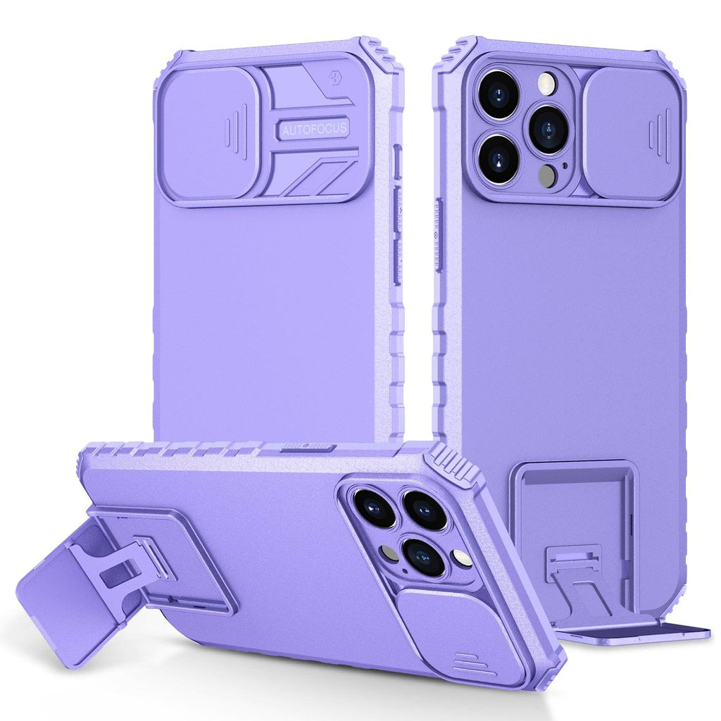 Étui antichoc bleu avec support réglable pour iPhone 14 13 12 11 Pro Max, avec protection coulissante pour appareil photo et béquille, protection antichoc, design moderne pour iPhone