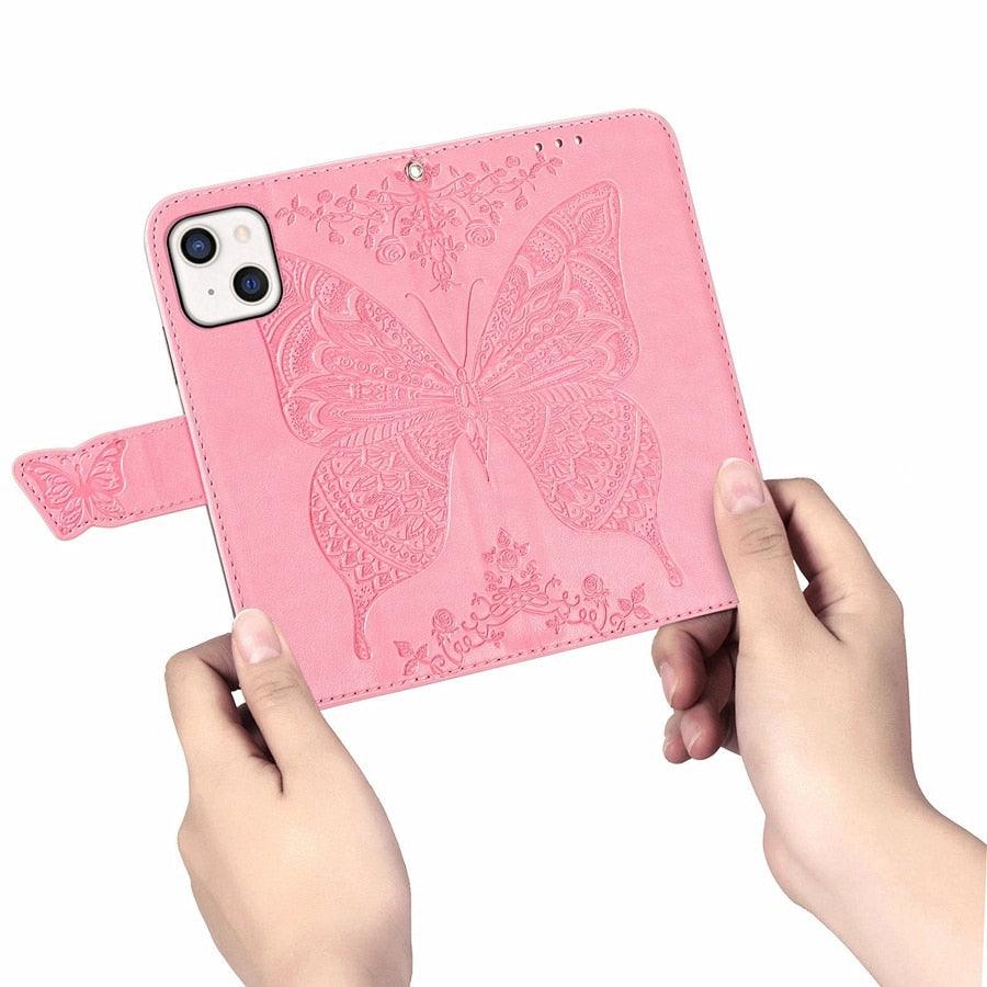 Étui Portefeuille de Luxe Rose Papillon Fleur pour iPhone 14 Pro Max 13 12 Classique Simple Cuir avec Porte-Cartes Béquille Dragonne Rabat pour iPhone