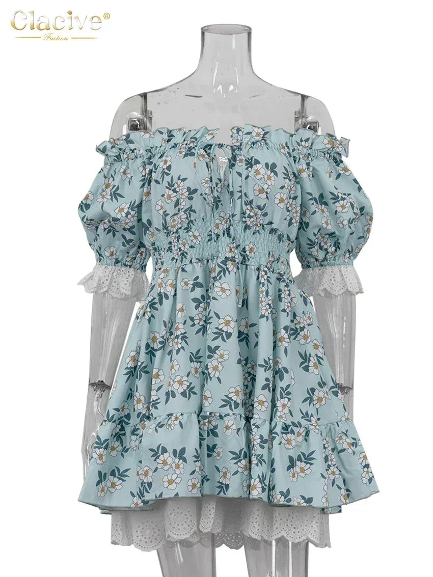 Clacive Robe d'été mince imprimée pour femme, à la mode, col slash, manches courtes, mini robes élégantes, taille haute, patchwork, robe féminine