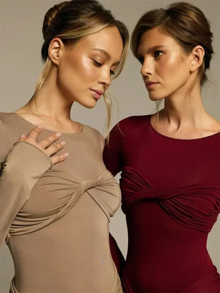 Robe longue plissée sexy pour femme Y2K, robe moulante de rue d'automne, robe patchwork torsadée à manches longues unies pour femme