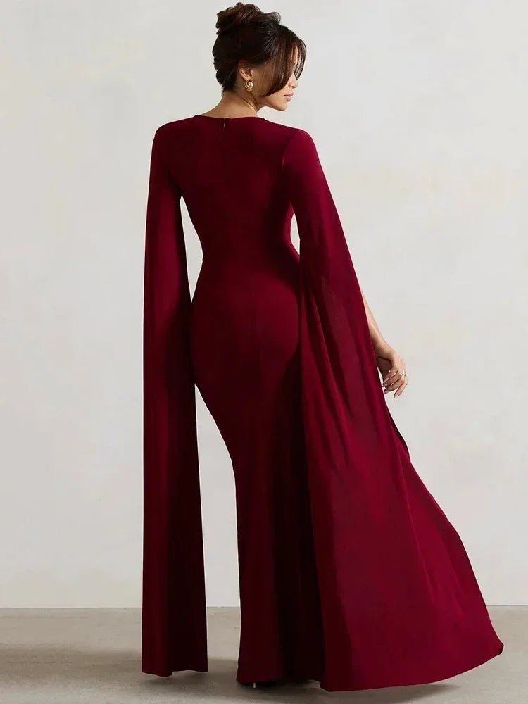 Mozision Robe longue fendue à manches cape pour femme, élégante robe de soirée longue à col carré, couleur unie, nouvelle collection