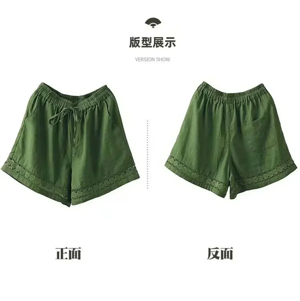 Short en coton et lin vintage taille haute élastique avec ceinture à nouer, brodé ajouré et coupe droite décontractée