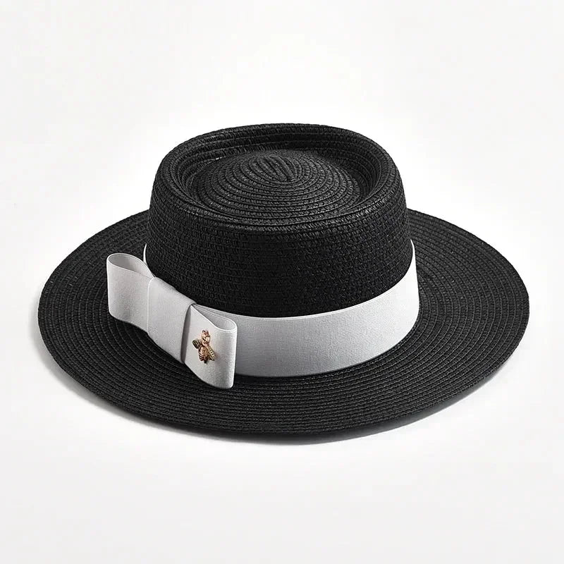 NOUVEAUX Chapeaux de paille Printemps Été pour femmes Surface ronde bosselée Dessus plat Nœud Papillon Robe Casquette Voyage Plage Soleil Chapeau Gorra