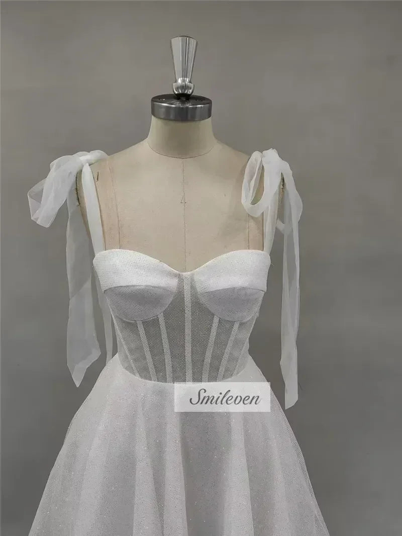 Robe de mariée courte Smileven, coupe trapèze, bustier cœur, paillettes brillantes, mini-nœuds, bretelles, Vestido de novia 2024, personnalisée
