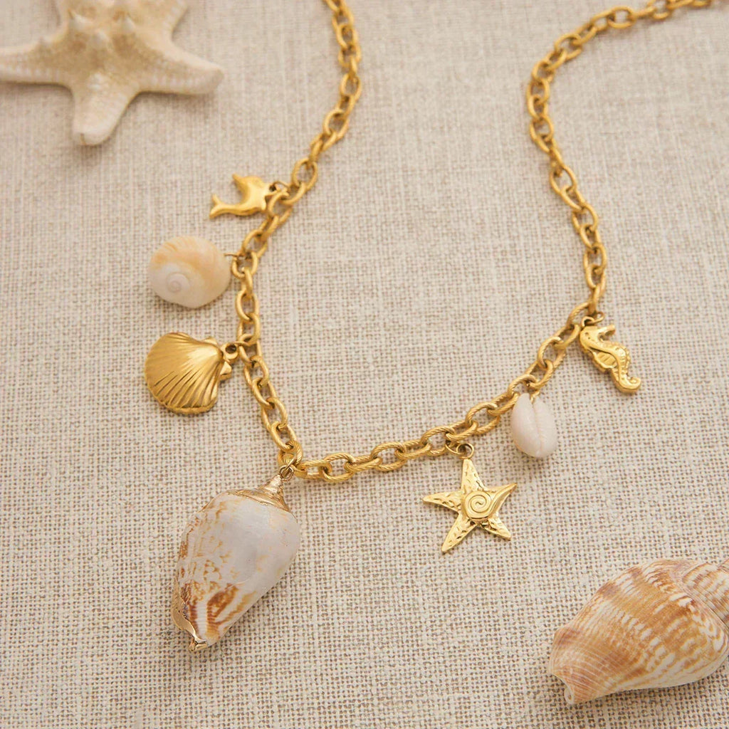 Collier pendentif conque Zora style vacances d'été colorées, pour femme, en acier inoxydable plaqué or 18 carats, multi-breloques, bijoux de mode