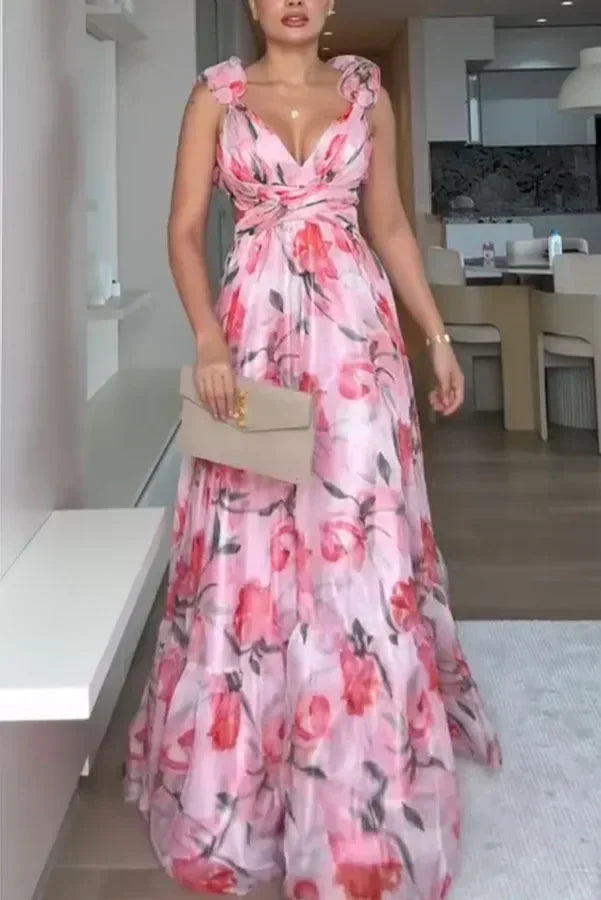 Robe longue en mousseline de soie imprimée sexy 2025, mode estivale, élégante, col en V, volants, coupe ajustée, sans manches, dos nu, robes de soirée pour les vacances