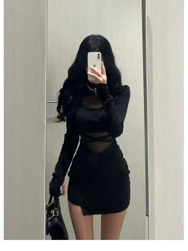 Robe trapue avec manches, nouvelle robe sexy noire à arêtes de poisson, robe moulante personnalisée pour femmes, gaze fine transparente enveloppant les fesses F8Q3