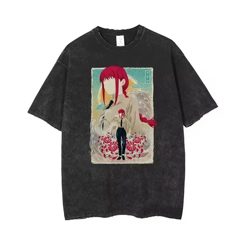 🪚 T-Shirt Graphique Vintage Délavé Chainsaw Man – Streetwear Harajuku