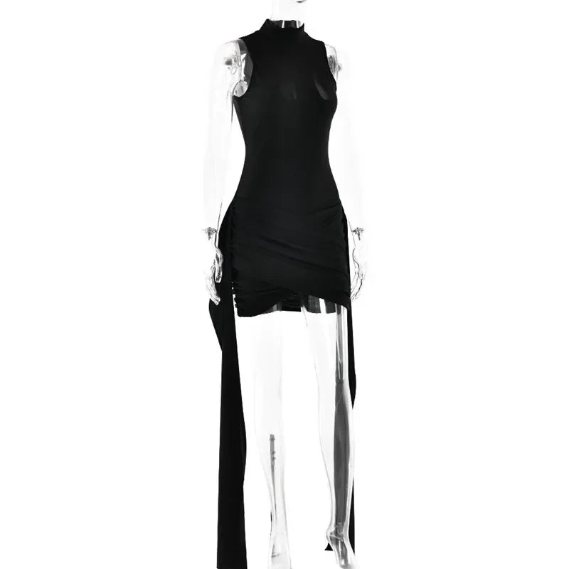 Mini-robe sans manches à col roulé | Robe de soirée asymétrique froncée - Femstylo