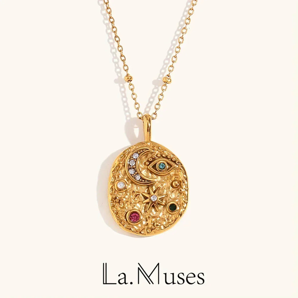 La. Muses Collier luxe rétro en acier inoxydable avec pendentif étoile lune en zircon cubique coloré, étanche