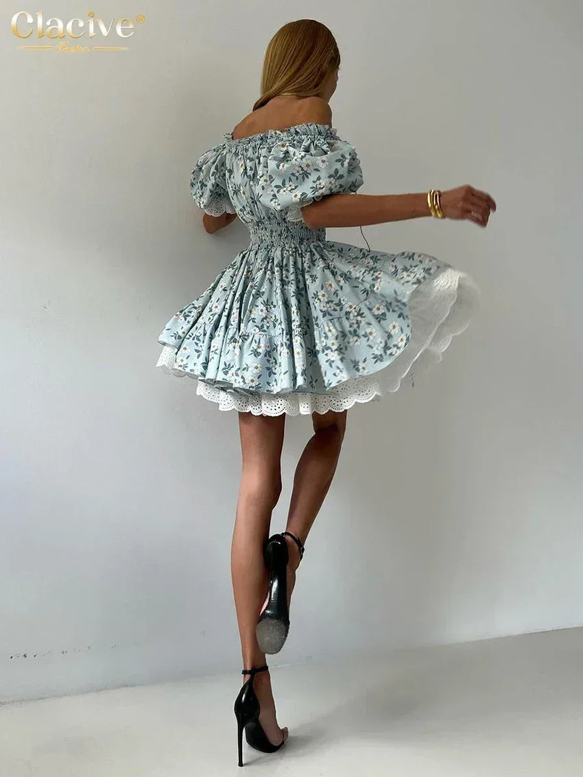 Clacive Robe d'été mince imprimée pour femme, à la mode, col slash, manches courtes, mini robes élégantes, taille haute, patchwork, robe féminine