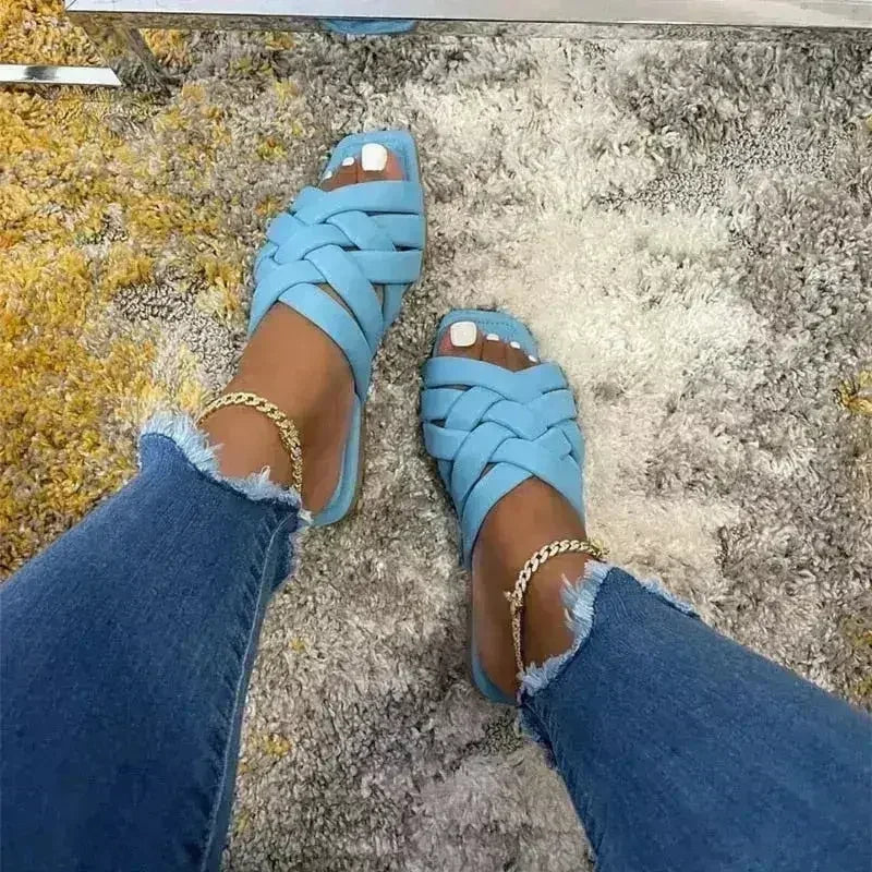 Pantoufles Plates en Cuir Décontractées pour Femme pour l'Été, Extérieur, Bleu/Rose/Beige
