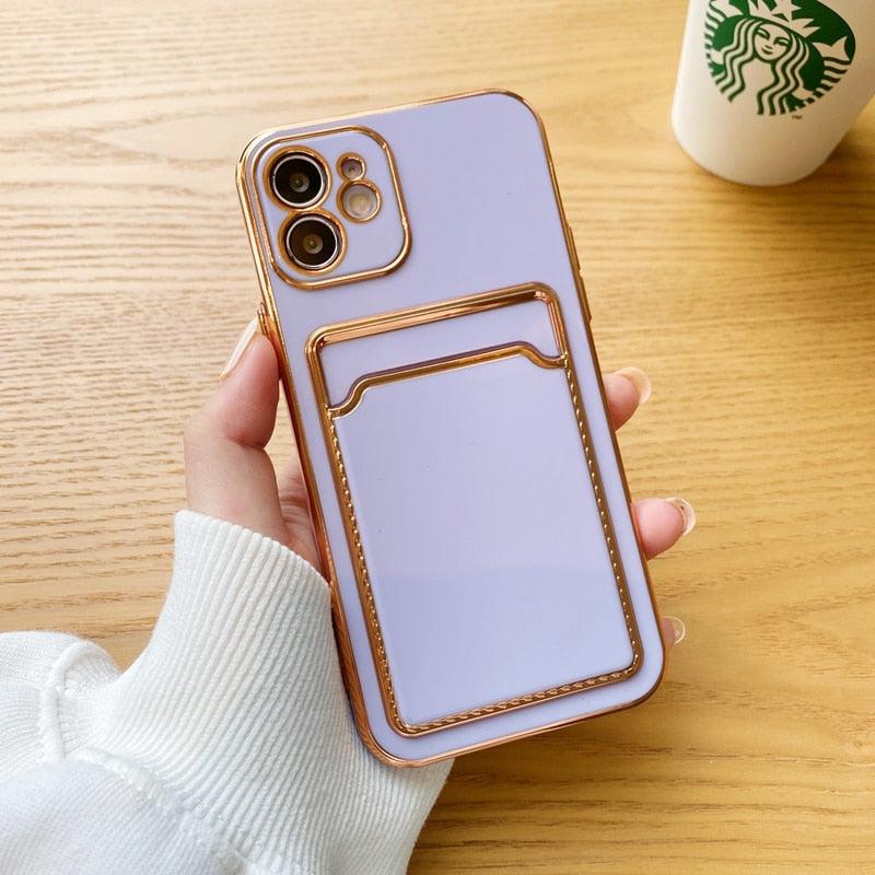 Étui de luxe plaqué en silicone avec porte-cartes pour iPhone 14 12 13 Pro Max Élégant pour femme Étui portefeuille souple antichoc Bords souples Magnifique étui pour smartphone brillant pour femme