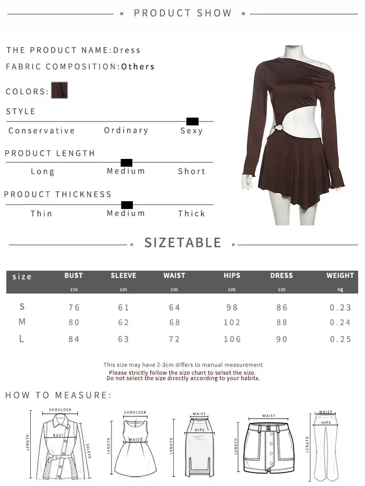 Whatiwear Robe Creuse Sans Taille Femme Col Oblique Épaules Dénudées Manches Longues Anneaux Patchwork Froncée Élégante Mode Mini Moulante