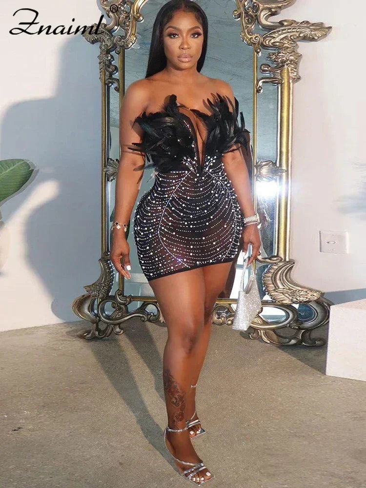 Znaiml Robes moulantes dos nu transparentes en maille diamantée avec strass et plumes sexy pour femme, boîte de nuit, fête d'anniversaire, soirée, Vestidos