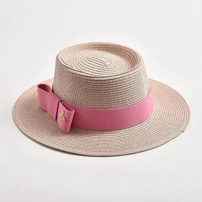 NOUVEAUX Chapeaux de paille Printemps Été pour femmes Surface ronde bosselée Dessus plat Nœud Papillon Robe Casquette Voyage Plage Soleil Chapeau Gorra
