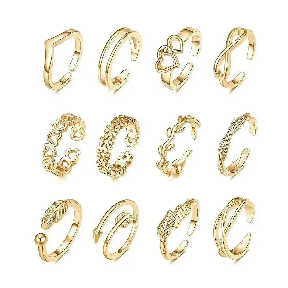 12 Bagues d'orteil ajustables pour femmes et filles, ensemble simple pour la plage, ouvert, bijoux mignons cœur, plume, été, pieds